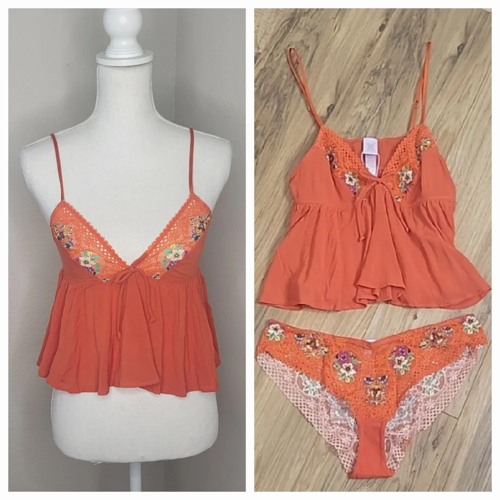 Savage X Fenty Dolled Up Sleep Cami Spiced Orange with Lace Cheeky - Picture 2 of 15